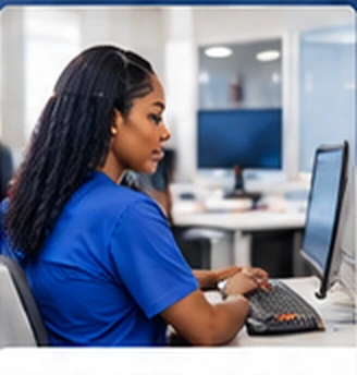 AI-generated healthcare student in blue scrubs