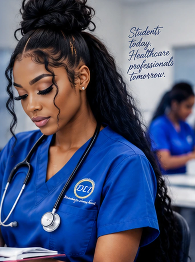 AI-generated student in royal blue scrubs holding a notebook