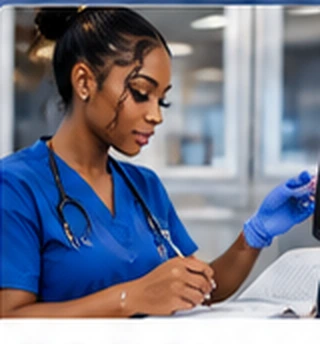 AI-generated healthcare student in blue scrubs